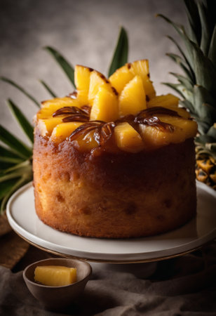 Pineapple cake with caramel and pineapple on a dark background.の素材