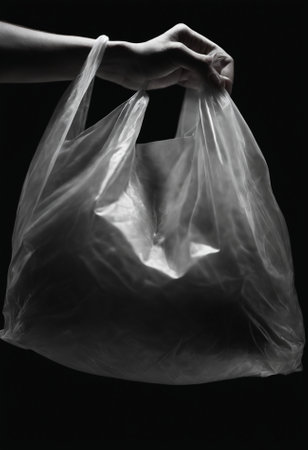 Silhouette of a woman's hand holding a plastic bag on a black backgroundの素材
