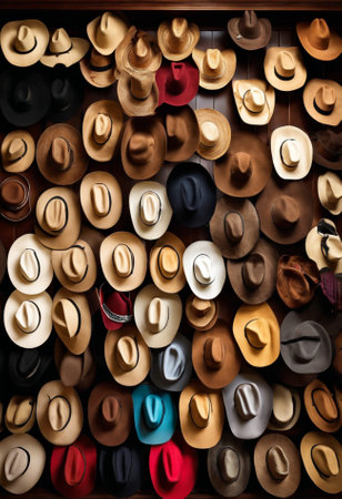 Many cowboy hats in a shop window, close-up view.の素材