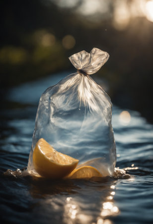 Lemon in plastic bag floating on water. Pollution concept.の素材