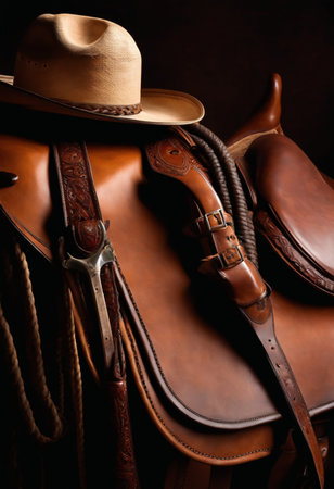 Close-up of a saddle with a cowboy hat on a dark backgroundの素材