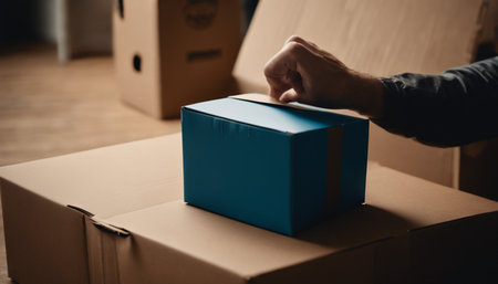 Close up of male hands unboxing a blue cardboard box at homeの素材