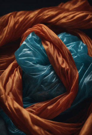 close up view of blue and orange silk fabric on black background.の素材