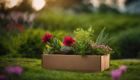 Flowers in a cardboard box on a green meadow at sunsetの素材