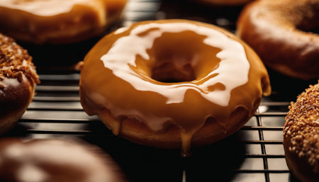 Delicious donuts with glaze on cooling rack, closeupの素材