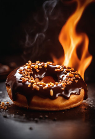 Chocolate donut with icing and sprinkles on a black backgroundの素材