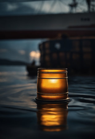 Candle in a glass on the background of the sea and the shipの素材
