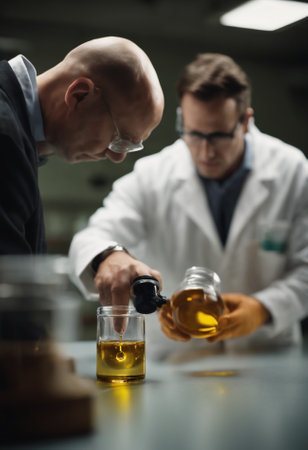 Serious male scientist looking at test tube with oil in the laboratoryの素材