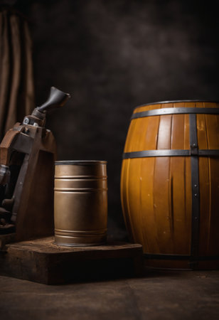 Vintage still life with barrel and sprayer on a dark backgroundの素材