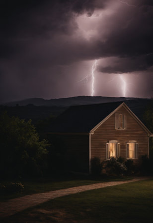 A lightning strike over a wooden house in the mountains in the eveningの素材