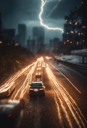 Traffic in the city at night. Car light trails on the road.の素材