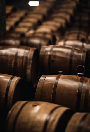 Wine barrels stacked in the cellar of the winery. Shallow depth of fieldの素材