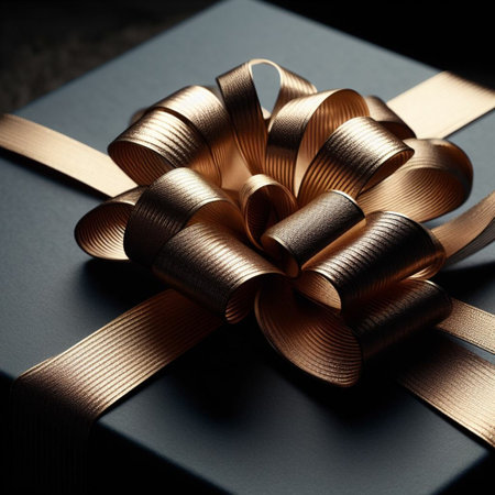 Gift box with gold ribbon on dark background. Shallow doff.の素材