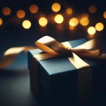 Gift box with golden bow and bokeh on dark backgroundの素材