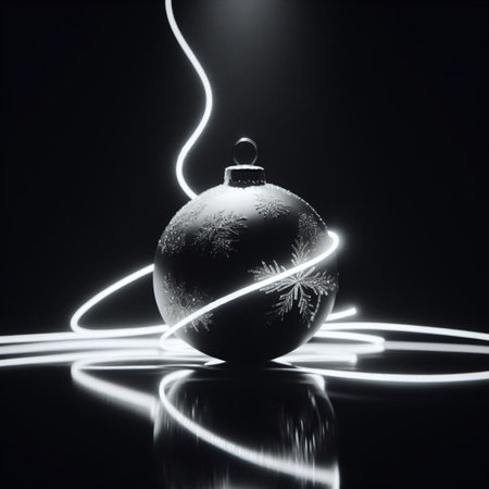 Christmas ball on a black background with white light and reflection. Christmas decoration.の素材