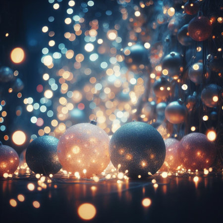 Christmas background with blue and golden christmas balls, bokeh lights and copy spaceの素材
