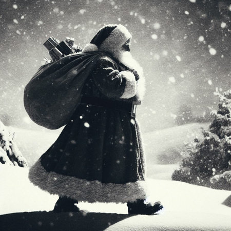 Santa Claus with a bag of gifts on the background of snowy landscape.の素材