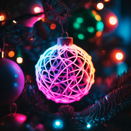 Christmas and New Year holidays background. Christmas tree decorated with Christmas ballsの素材