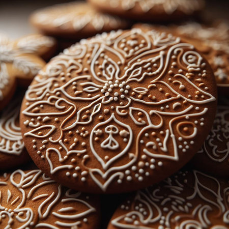 Close up of gingerbread cookies. Shallow depth of field.の素材
