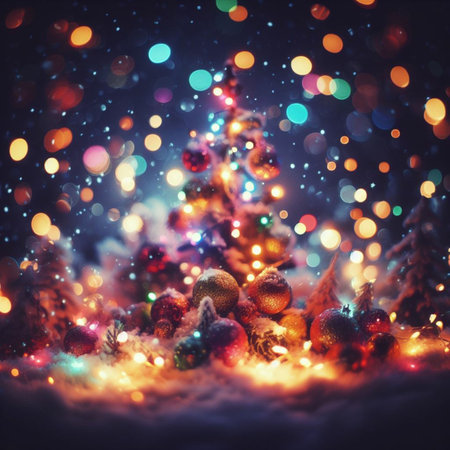 Christmas background with Christmas tree, snow and colorful bokeh lightsの素材