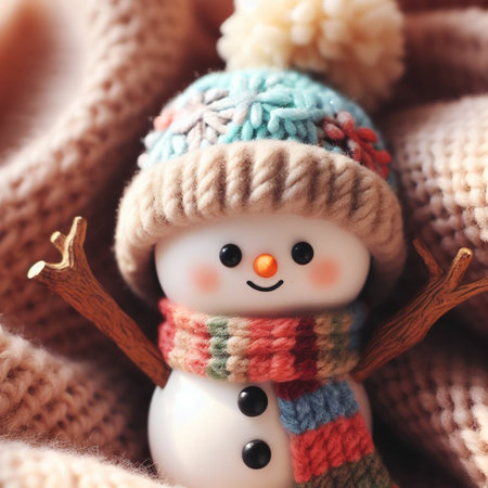 Christmas toy snowman with knitted scarf and hat, closeupの素材