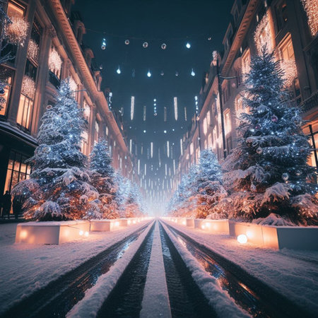 City street with Christmas lights and snowfall in Riga, Latvia.の素材