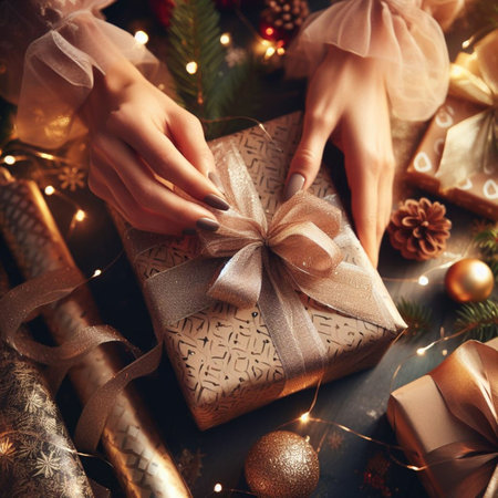 Female hands hold a gift box with a bow. Christmas background.の素材