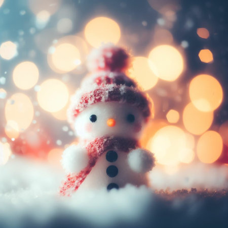 Snowman in the snow with bokeh background. Christmas card.の素材