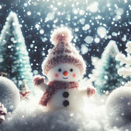 Snowman on snow with Christmas trees and snowflakes background.の素材