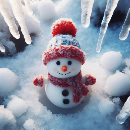 Snowman and icicles in winter forest. Christmas and New Year background.の素材