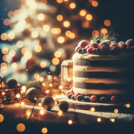 Christmas cake with berries and lights on the background. Selective focus.の素材