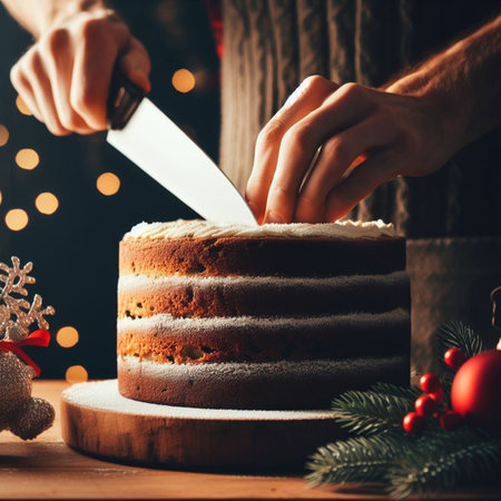 man cutting christmas cake with a knife on a wooden background.の素材