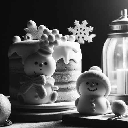 Christmas cake with snowman and snowflakes on a black backgroundの素材