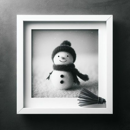Snowman in white frame on black background. Christmas or New Year concept.の素材
