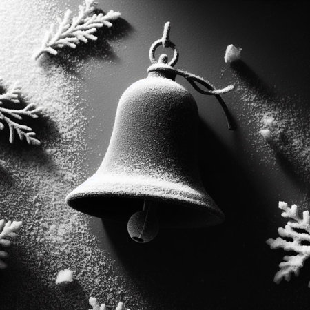 Christmas bell with snowflakes on a dark background. Black and white.の素材