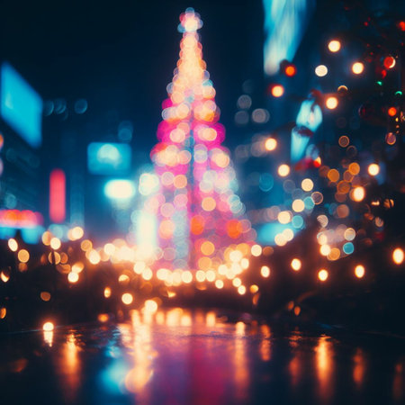 Christmas and New Year holidays background. Defocused bokeh lights on city street.の素材