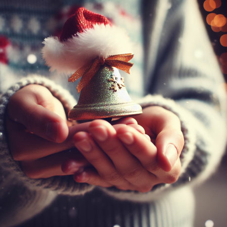 Hands holding Christmas bell on blurred background, close-upの素材