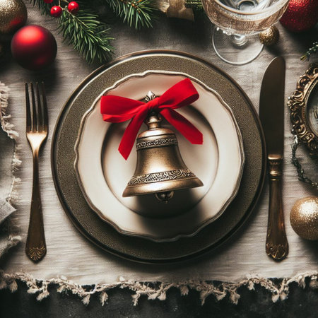 Vintage christmas table setting with vintage silverware, silverware and red ribbon.の素材