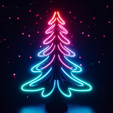 Neon Christmas tree on a black background. 3d renderingの素材