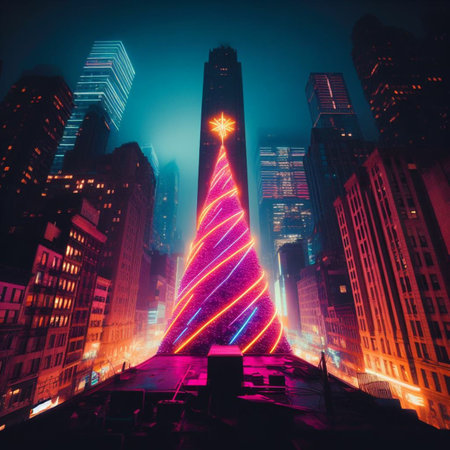 Illuminated Christmas tree in New York City at night with lights.の素材