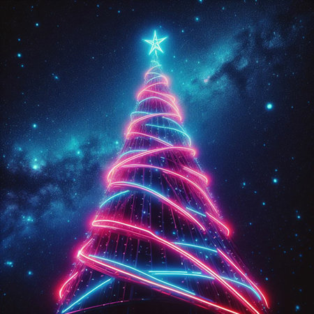 Christmas tree made of neon lights, 3d illustration, verticalの素材