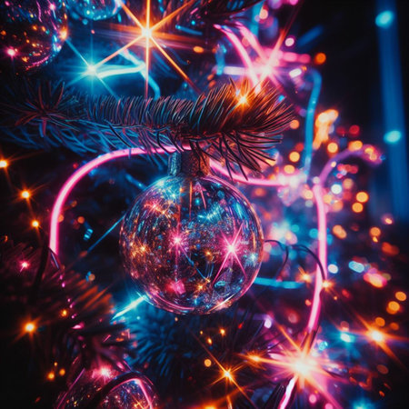 Christmas tree with a glass ball on the background of a garlandの素材