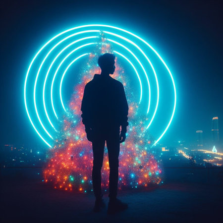 Silhouette of a man standing in front of a futuristic neon Christmas treeの素材