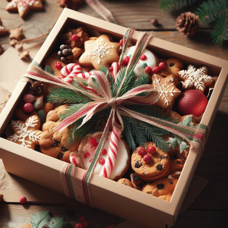 Christmas cookies in a gift box on a wooden background, top viewの素材
