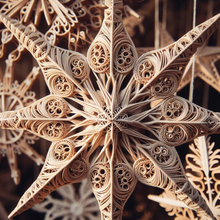 Wooden star on a wooden background. Christmas decorations. Close-up.の素材