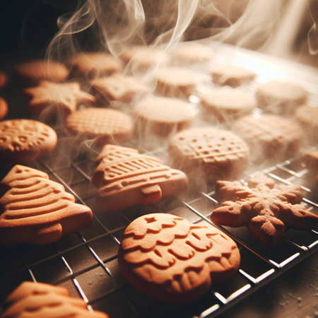 Homemade gingerbread cookies on a cooling rack. Toned.の素材
