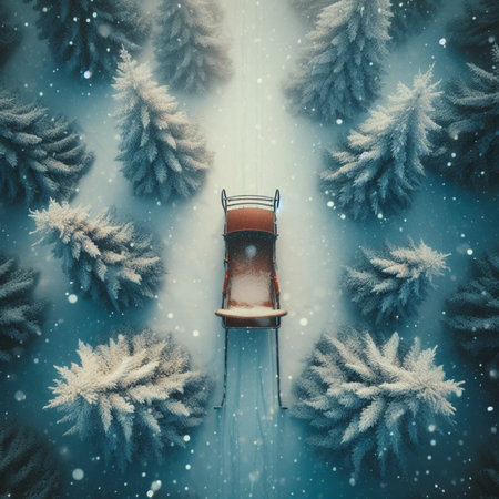 Top view of a sleigh on the road in winter forest.の素材