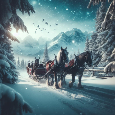 Horse-drawn carriage in the winter forest. Winter landscape.の素材