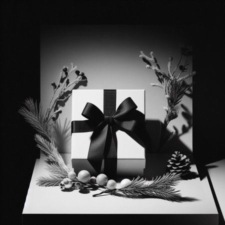 Black gift box with black ribbon on white table. Black and white photo.の素材