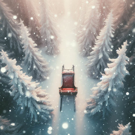 Sled in the winter forest. Christmas and New Year background.の素材